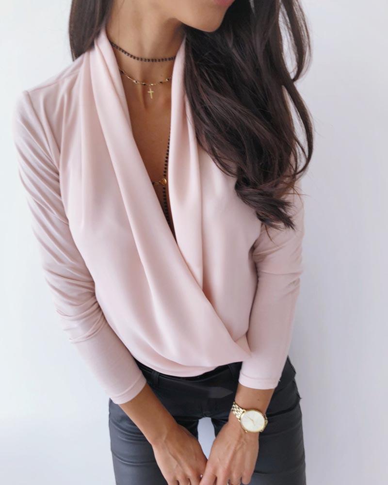 

Solid Plunge Long Sleeve Ruched Casual Blouse, Pink
