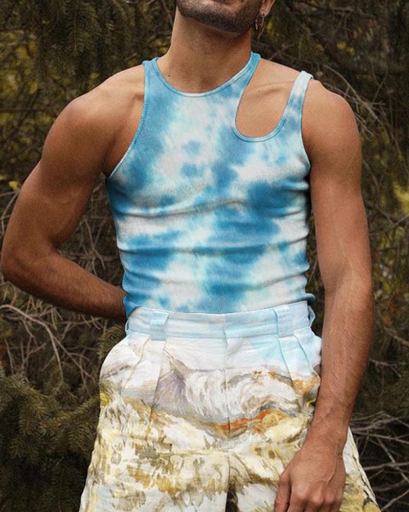 

Tie Dye Print Cut-out Sleeveless Skinny Tank Top, Blue