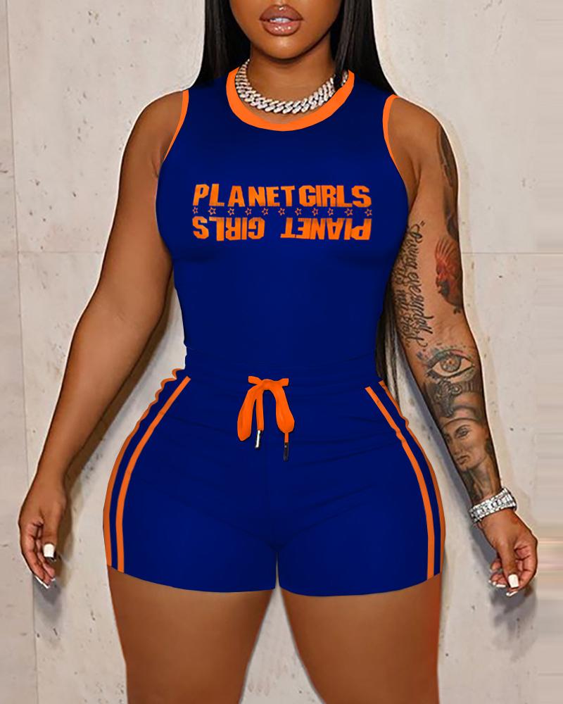 

Letter Star Print Tank Top & Drawstring Shorts Set, Blue
