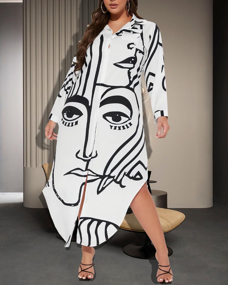 

Figure Print Buttoned Long Sleeve Shirt Dress, White
