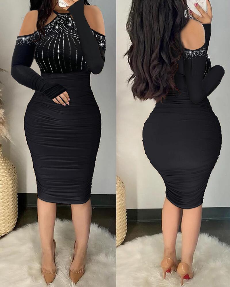 

Rhinestone Decor Cold Shoulder Ruched Bodycon Dress, Black