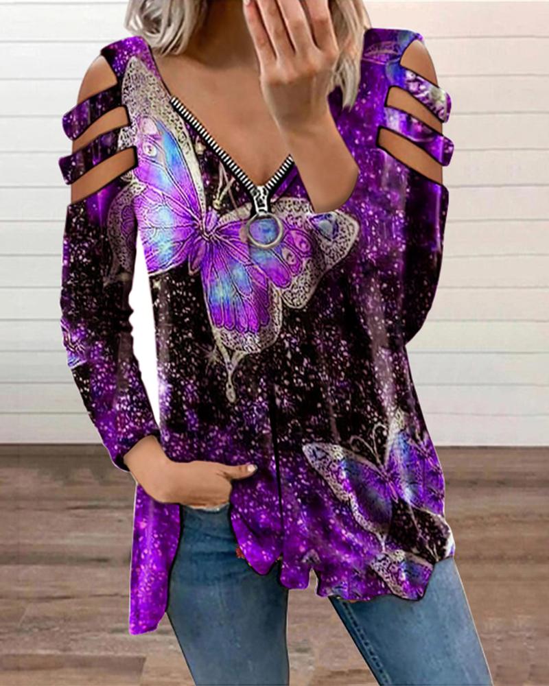 

Floral Print Zipper V-Neck Cut-Out Blouse, Style1