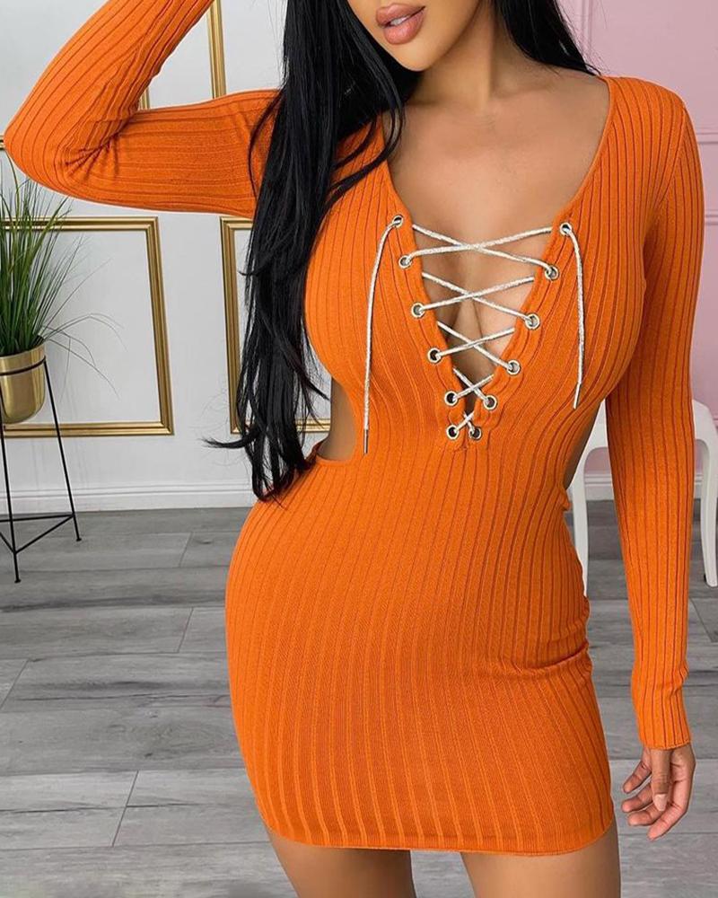 

Long Sleeve Eyelet Lace-up Cutout Bodycon Dress, Orange