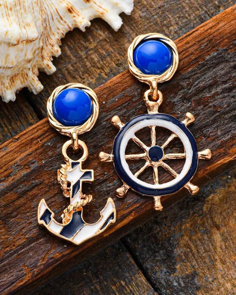 

1Pair Anchor Wheel Shaped Drop Earrings, Blue