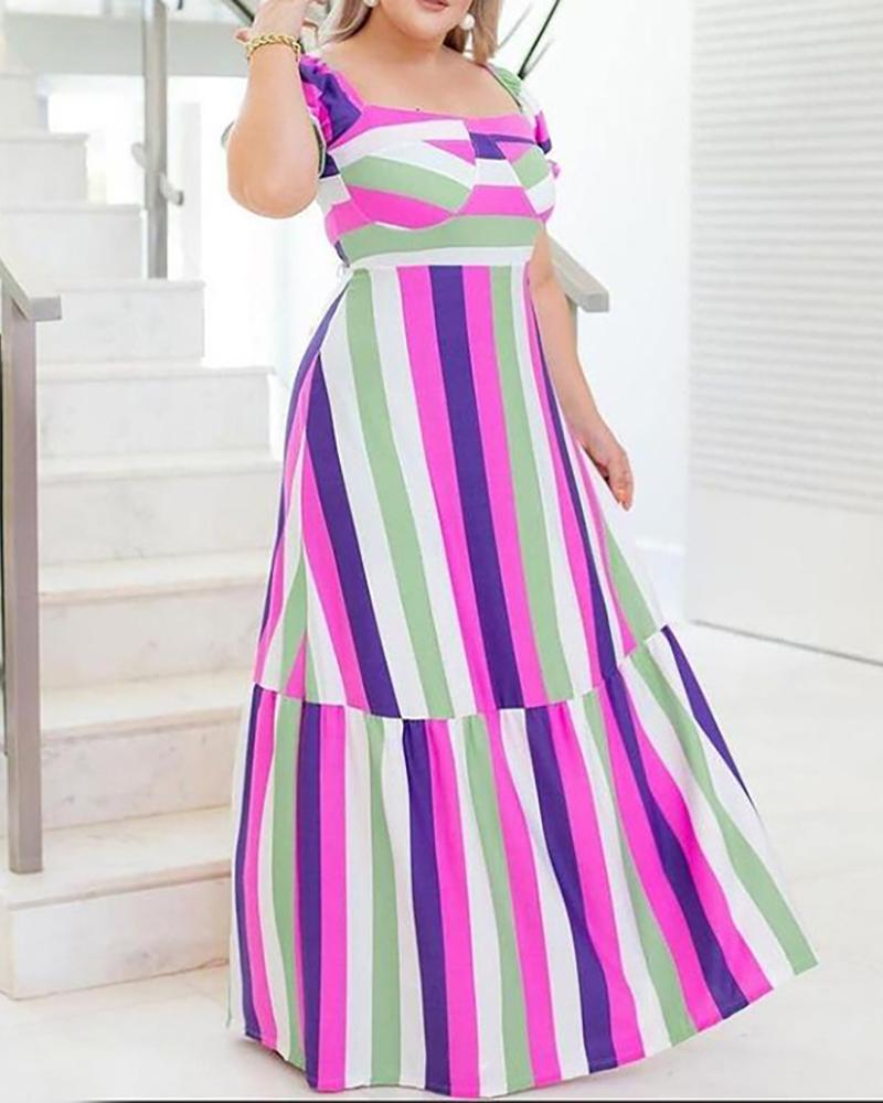 

Plus Size Striped Colorblock Short Sleeve Maxi Dress, Purple