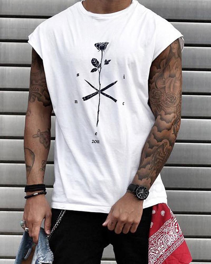 

Rose Print Sleeveless Loose Tank Top, White