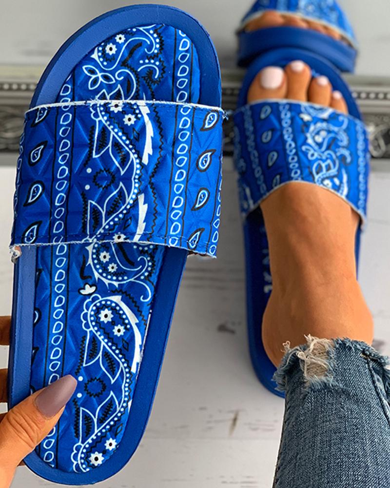 

Paisley Print Open Toe Casual Flat Sandals, Blue