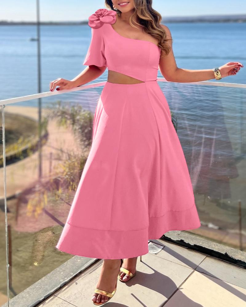 

Vestido midi de manga curta com decoração de flores 3D e um ombro casual com decote em A, Pink