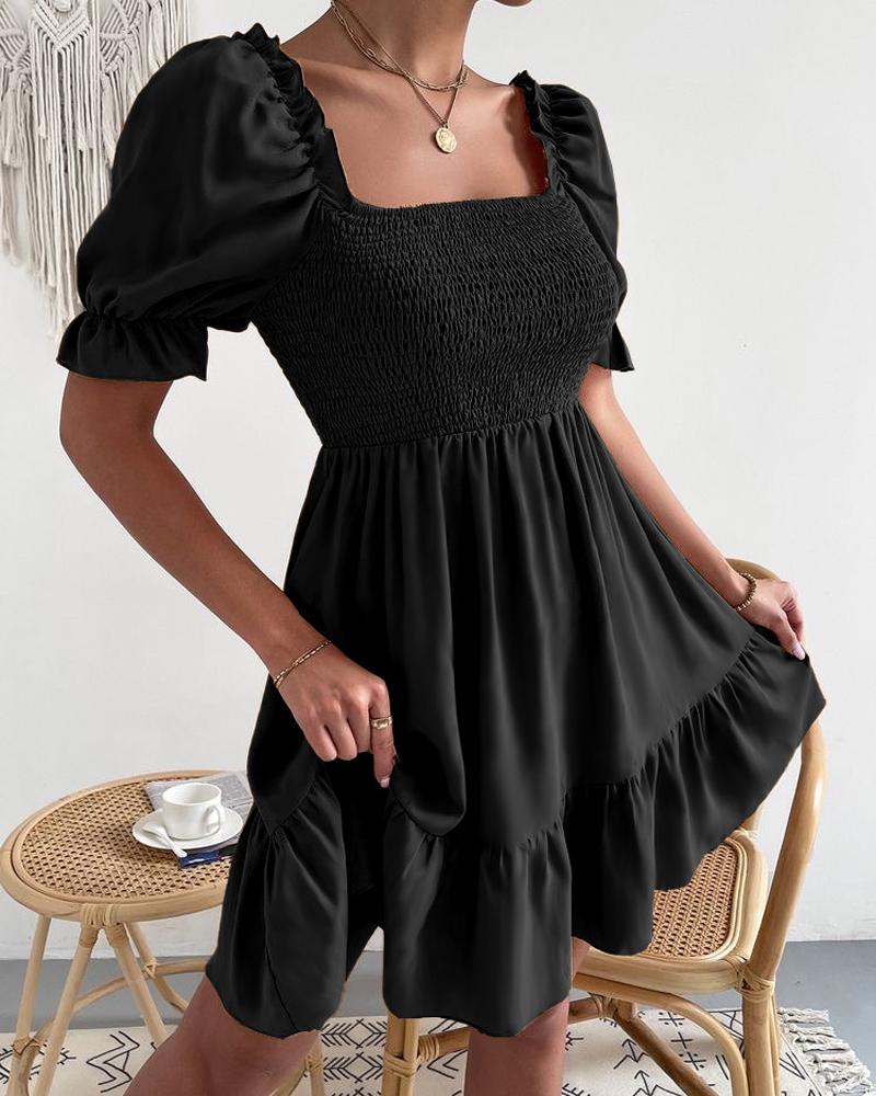 

Puff Sleeve Ruffle Hem Shirred Casual Dress, Black