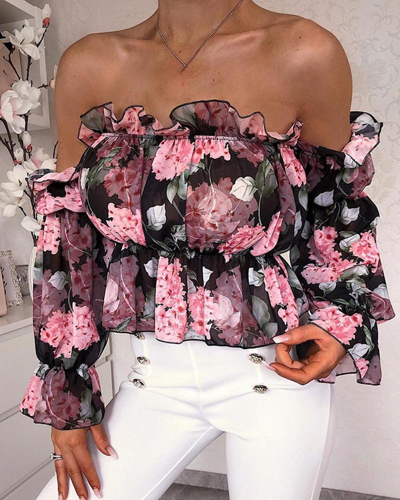 

Floral Print Off Shoulder Ruffles Blouse, Pink