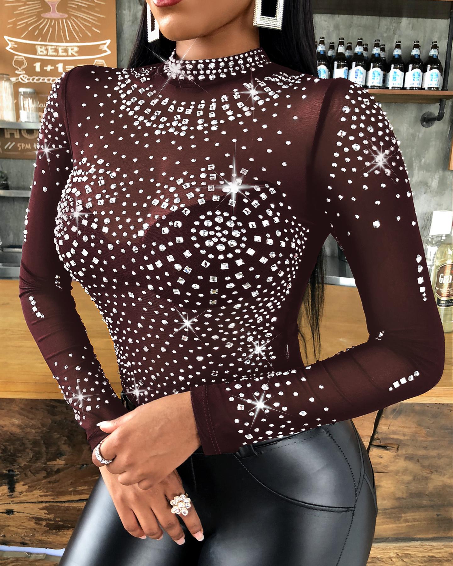 

Studded Long Sleeve Bodysuit, Wine red