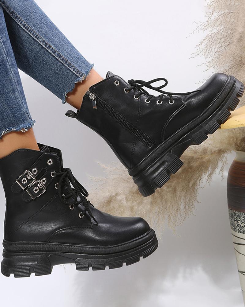 

Eyelet Lace-up Buckled Martin Boots, Black