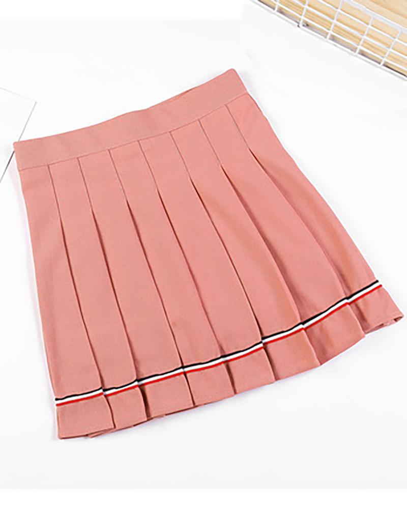 

Striped High Waist Pleated Skirt, Pink