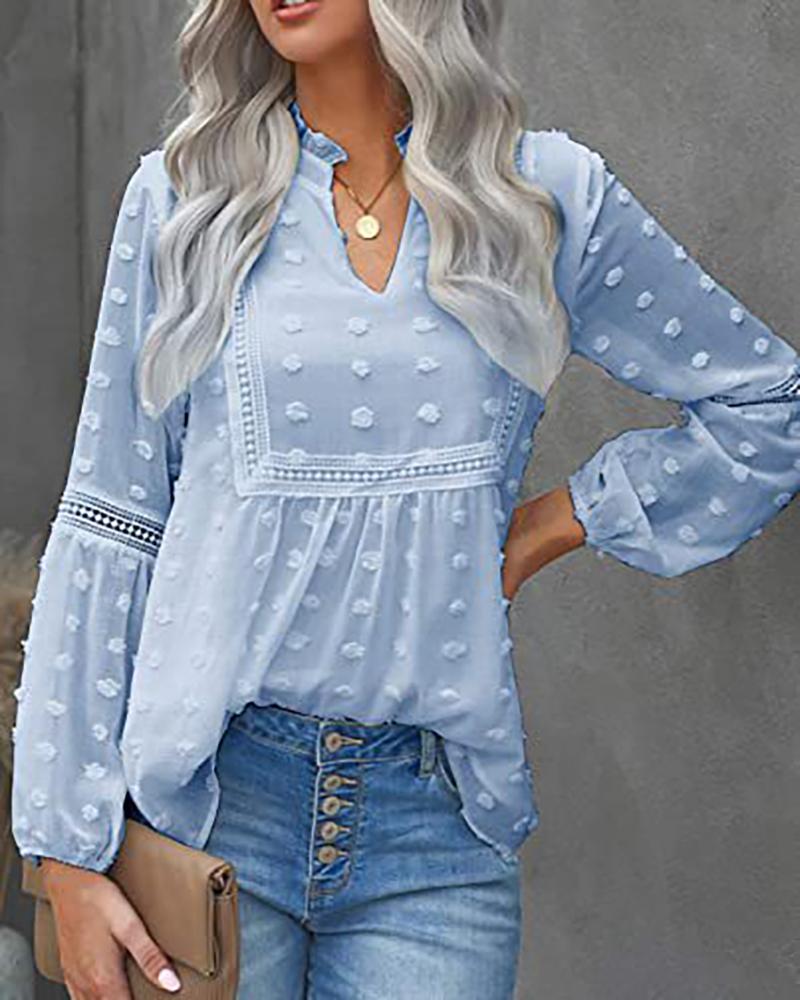 

Swiss Dot Long Sleeve Frill Hem Ruched Top, Blue