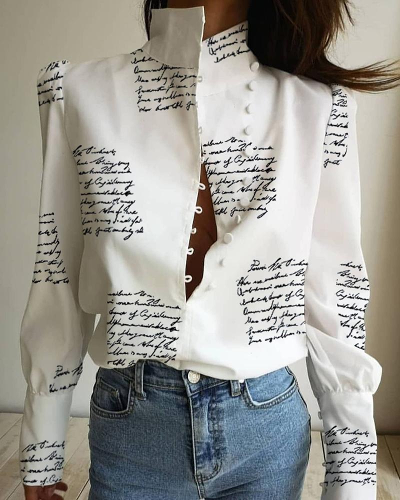 

Stand Neck Letter Print Buttoned Shirt, White