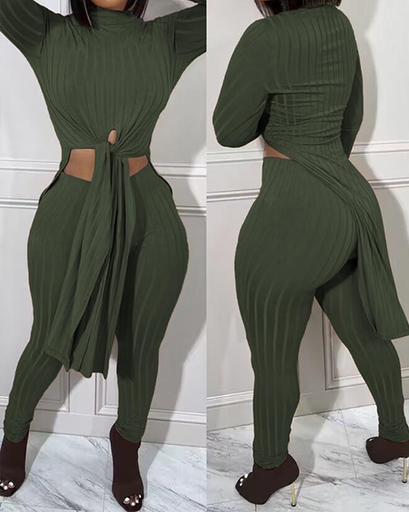 

Mock Neck Slit Tied Detail Longline Top & Pants Set, Green