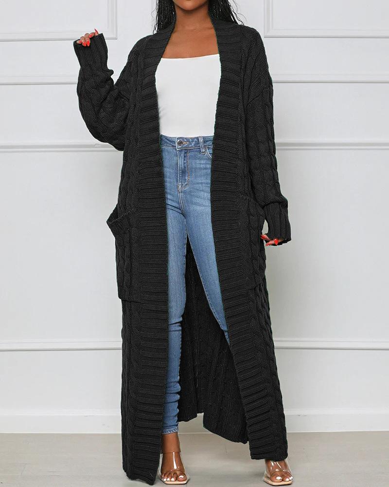 

Pocket Design Cable Longline Knit Cardigan, Black