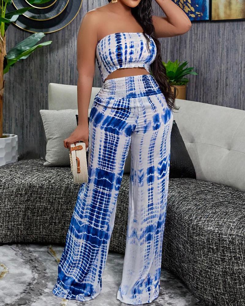 

Tie Dye Print Shirred Crop Tube Top & Pants Set, Blue