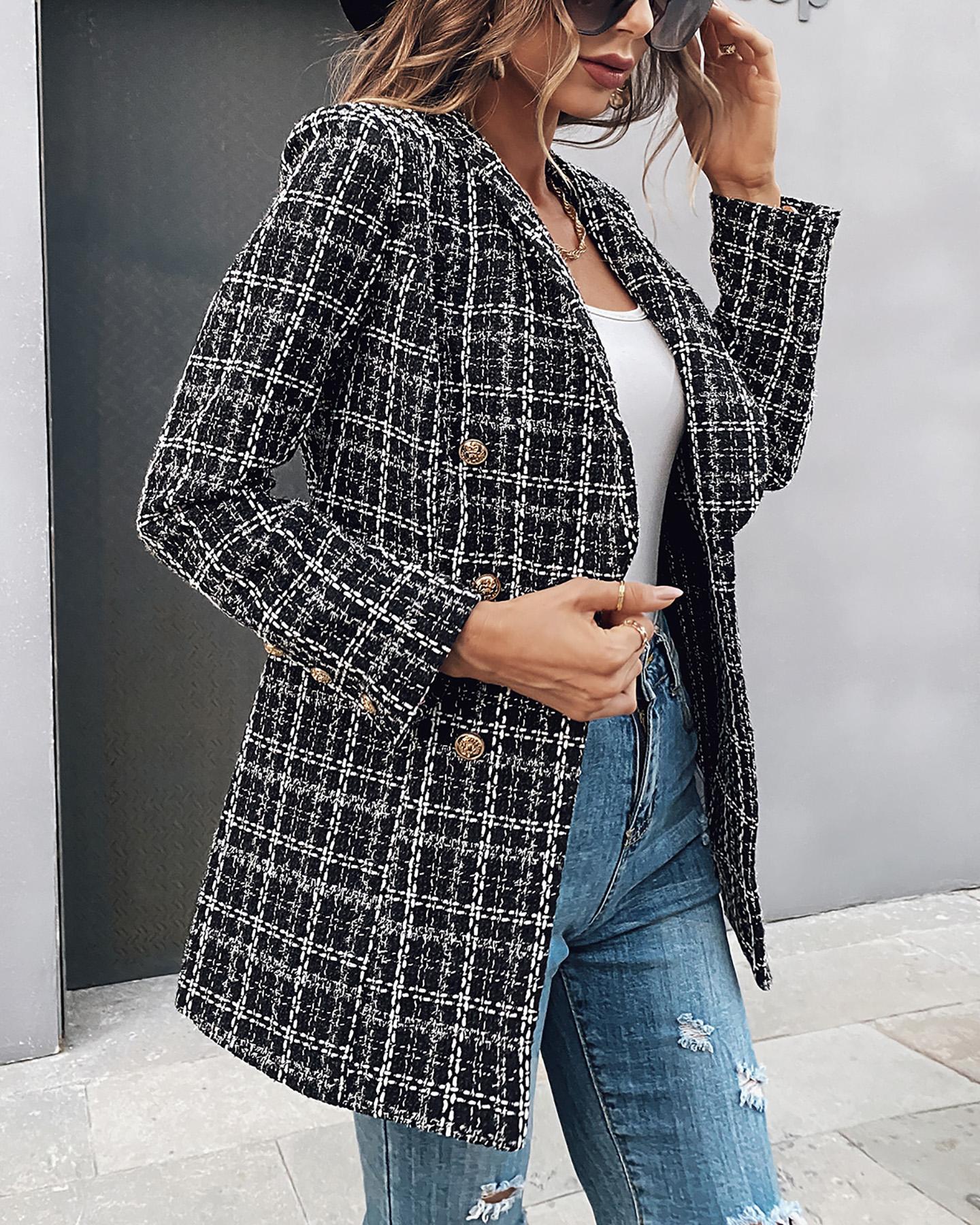 

Long Sleeve Double Breasted Tweed Blazer Coat, Black
