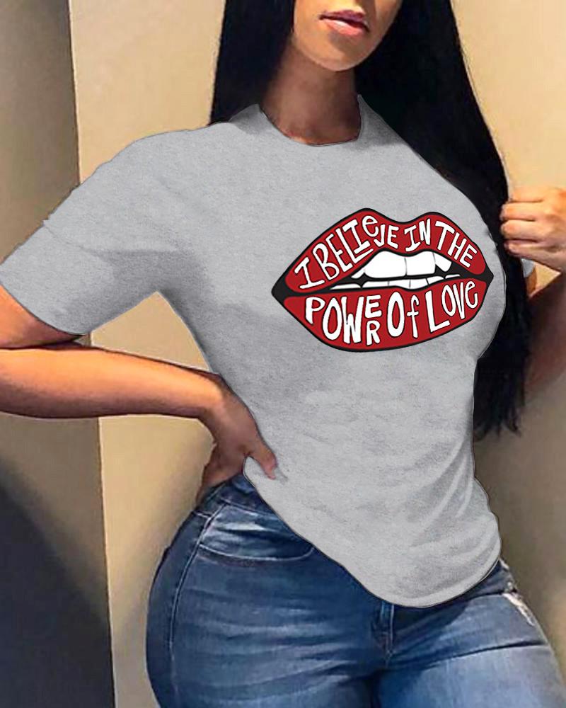 

Lip Letter Print Short Sleeve T-shirt, Gray