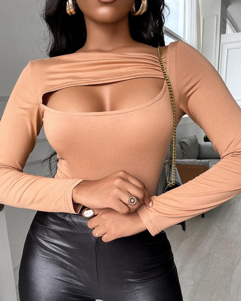 Cutout Front Asymmetrical Neck Long Sleeve Top