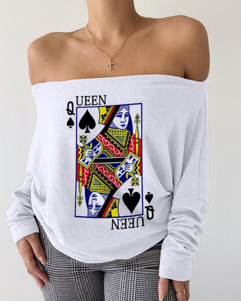 

Off Shoulder Poker Letter Print Top, White