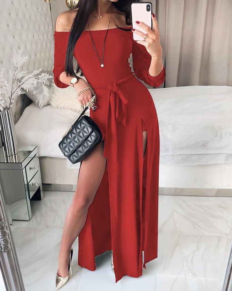 

Plain Off Shoulder Long Sleeve Slit Romper With Belt, Red
