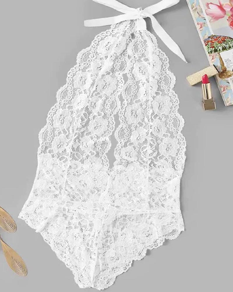 

Perspective Lace Hem Halter Bodysuit, White