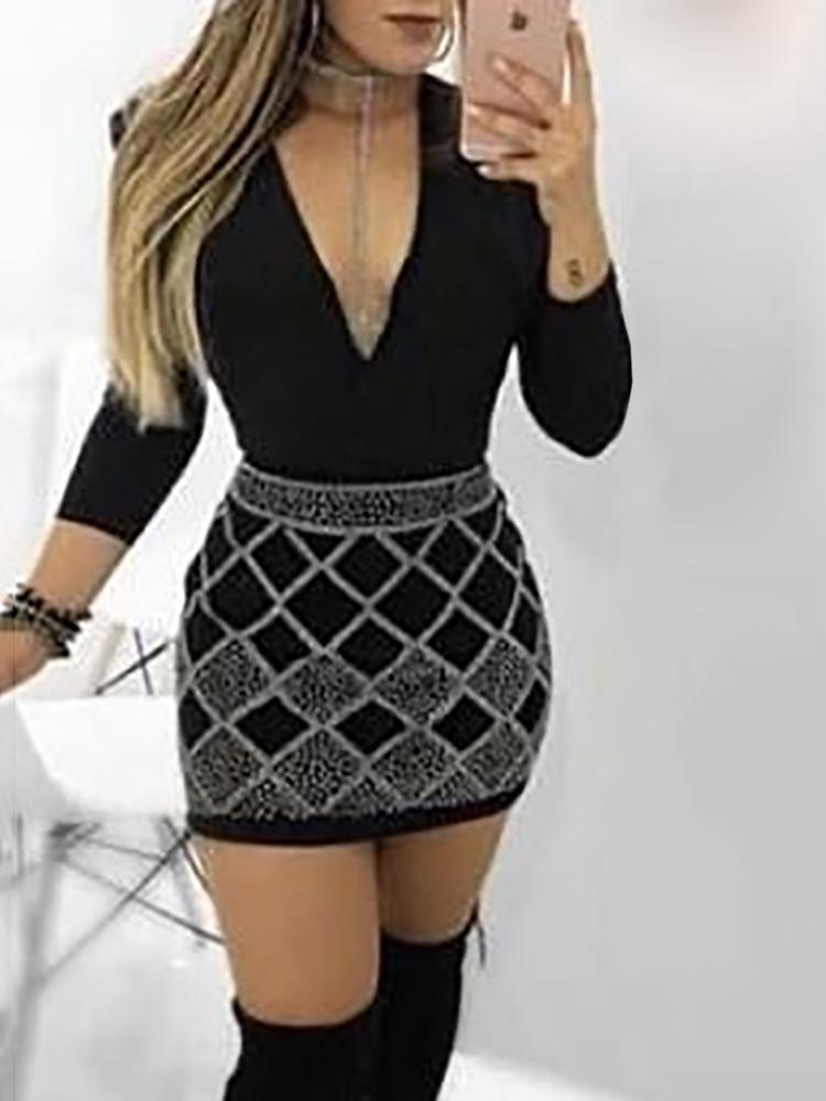 

Dot Print Deep V Long Sleeve Bodycon Dress, Black