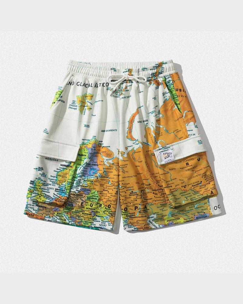 

Map Print Loose Short Pants With Pockets, White