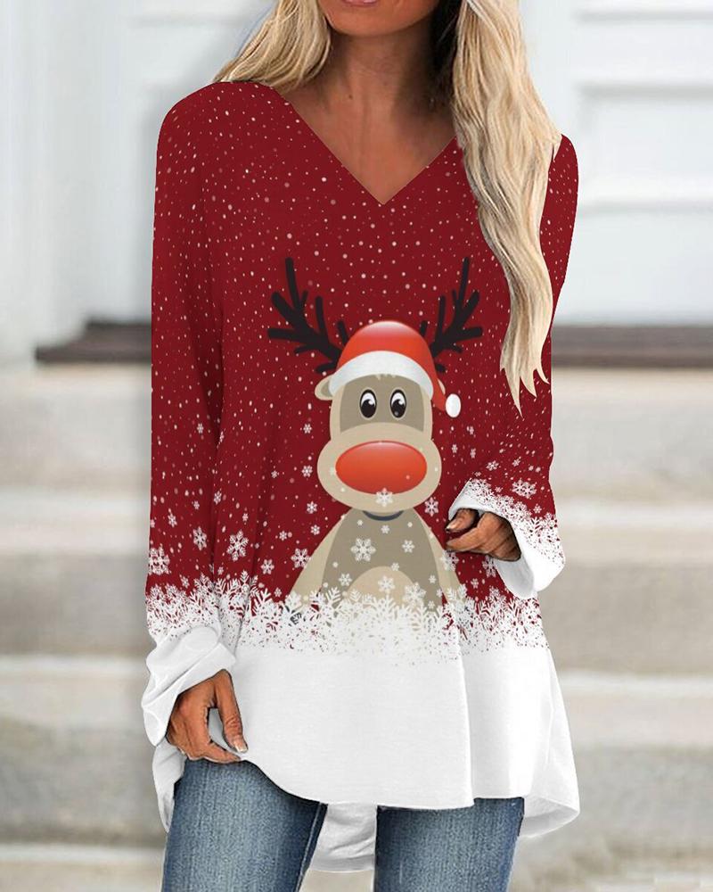 

Christmas V-Neck Elk Snowflake Print Top, Dark red