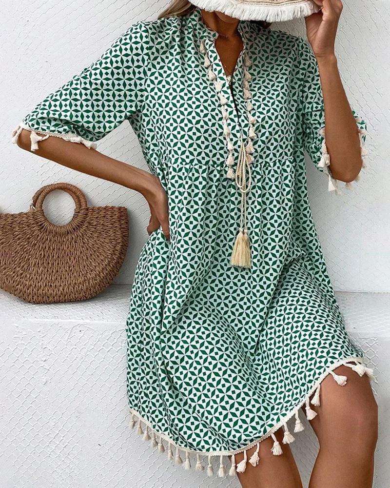 

Stand Collar Tassel Design Casual Dress, Green