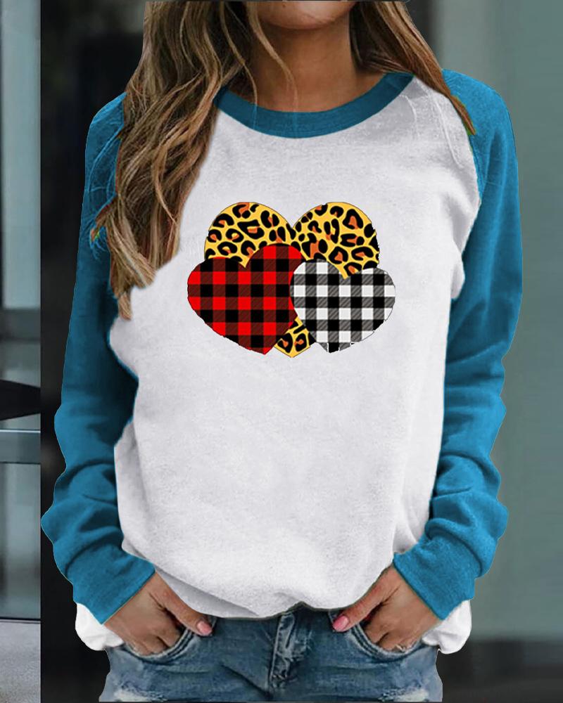 

Valentine' Day Heart Print Raglan Sleeve Sweatshirt, Blue