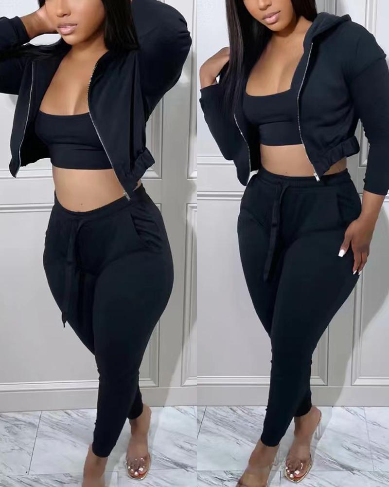 

3PCS Crop Cami Top & Pants Set With Zip Up Coat, Black