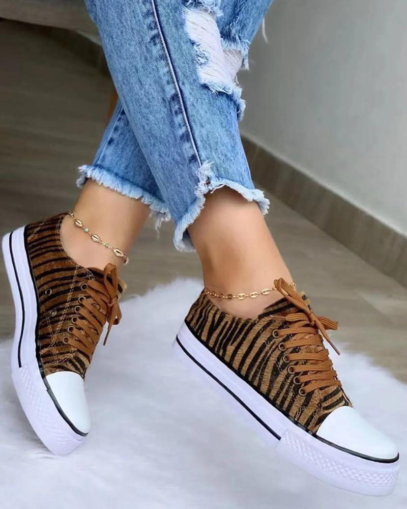

Cheetah Print Lace-up Canvas Sneakers, Brown