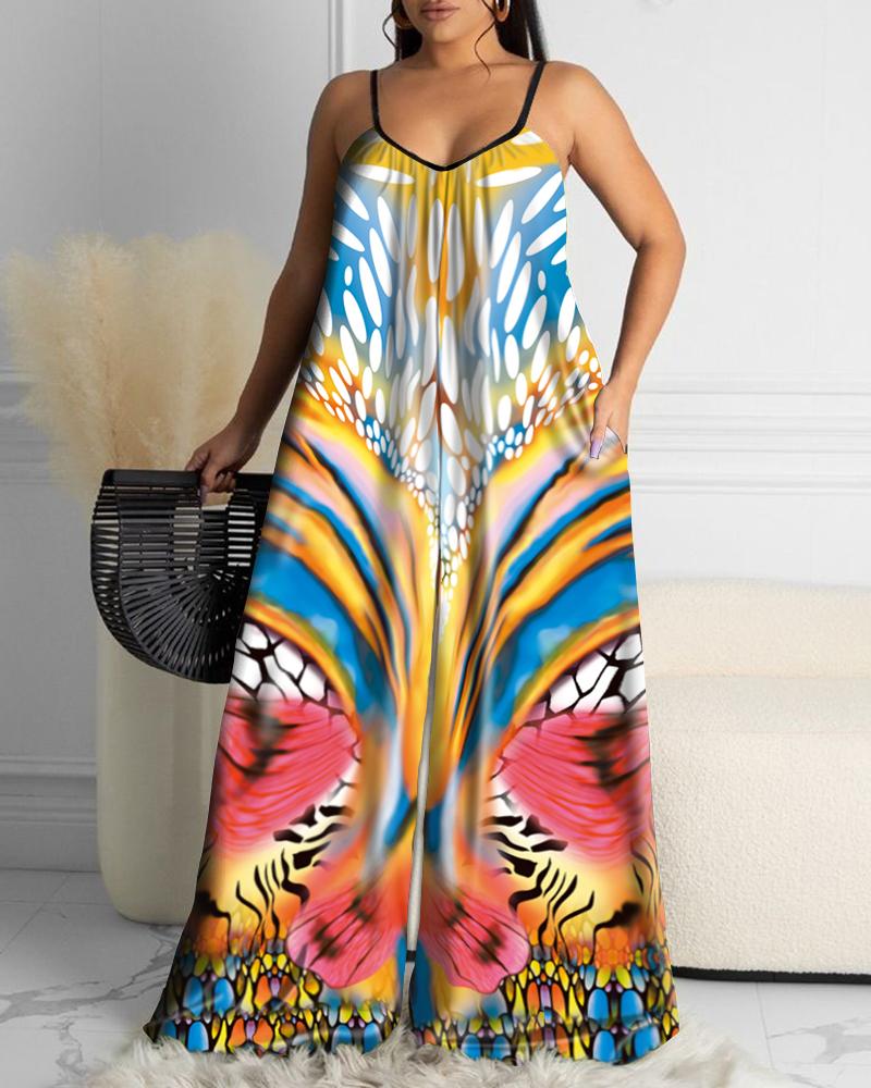 

Floral Print Pocket Design Ruched Wide Leg Jumpsuit, Multicolor