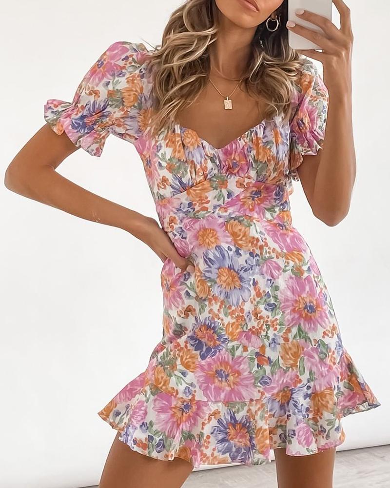 

Floral Print Frill Hem Puff Sleeve Square Neck Dress, Purple