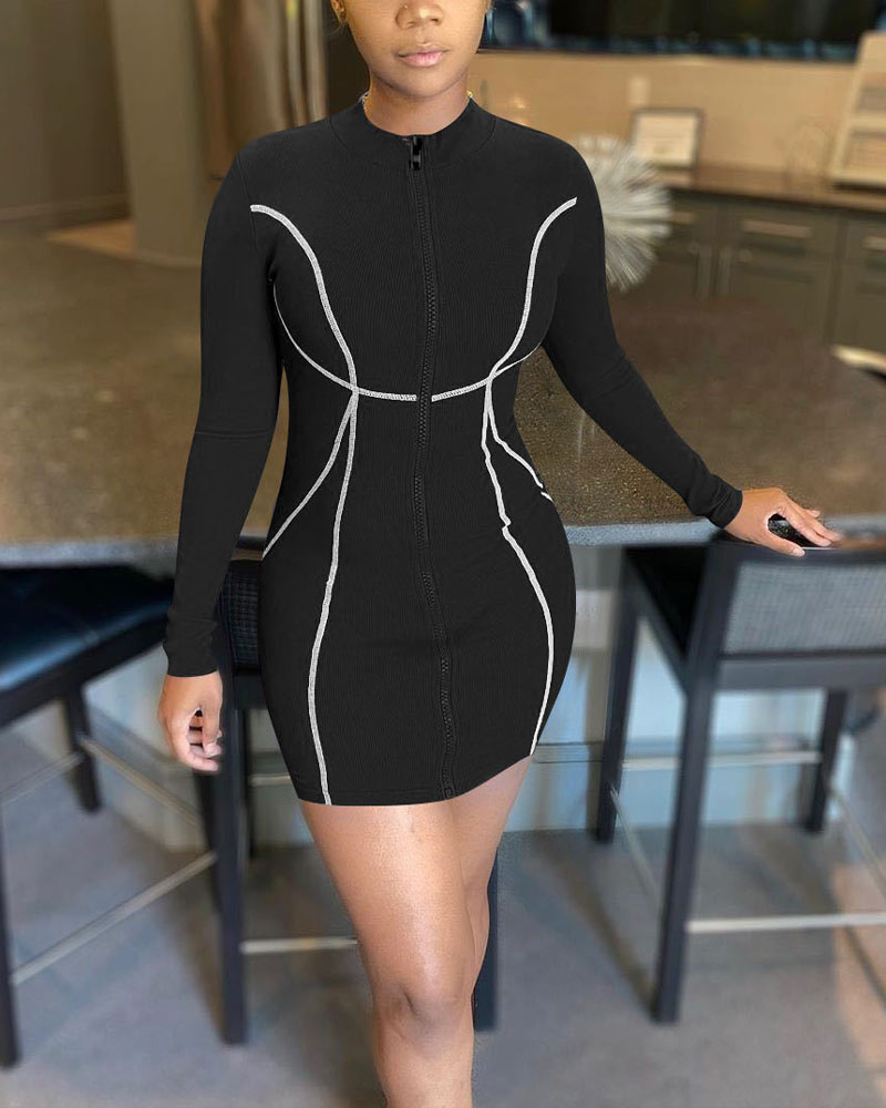 

Zipper Front Contrast Stitch Long Sleeve Bodycon Dress, Black