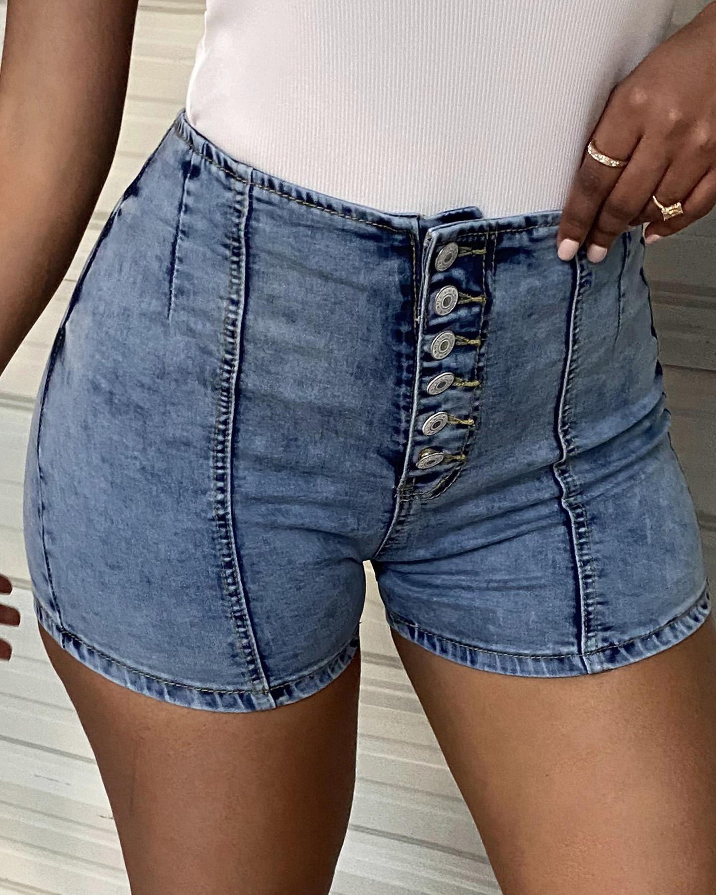 

Button Front Pocket Design Denim Shorts, Blue