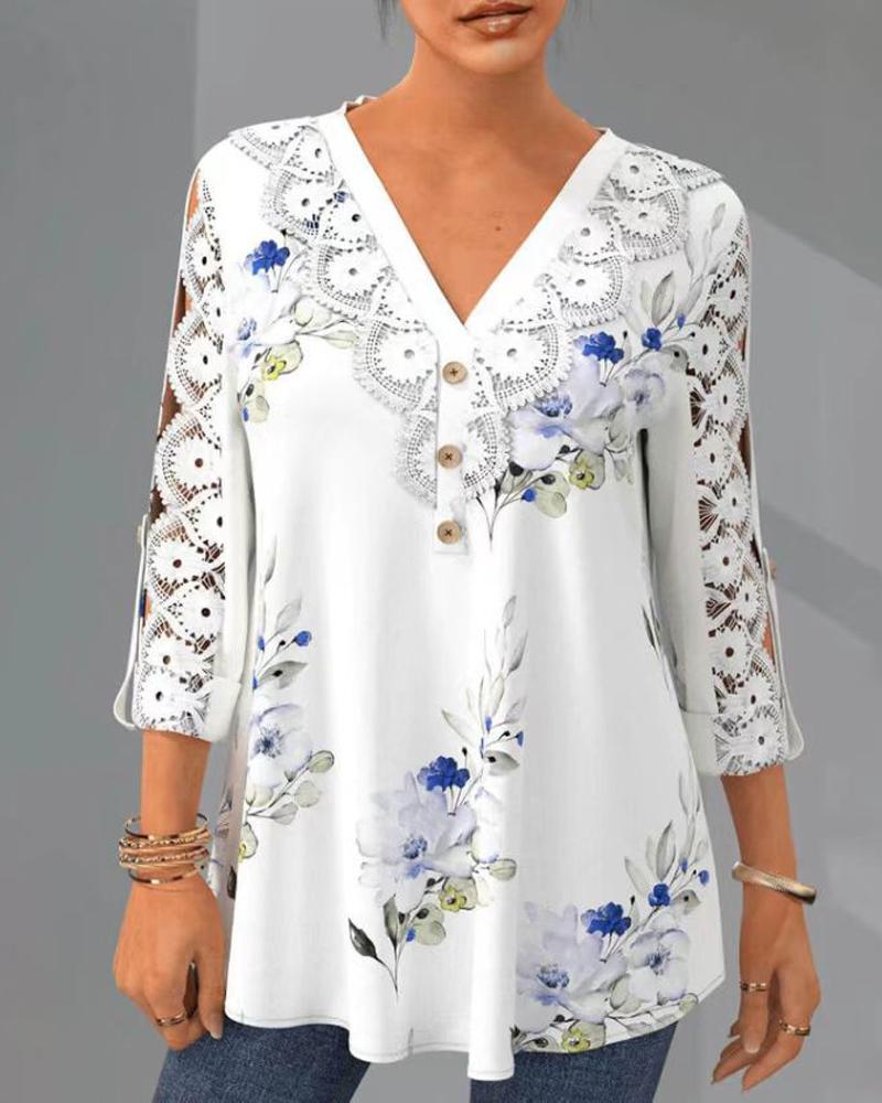 

Floral Print Contrast Lace Button Front Top, White