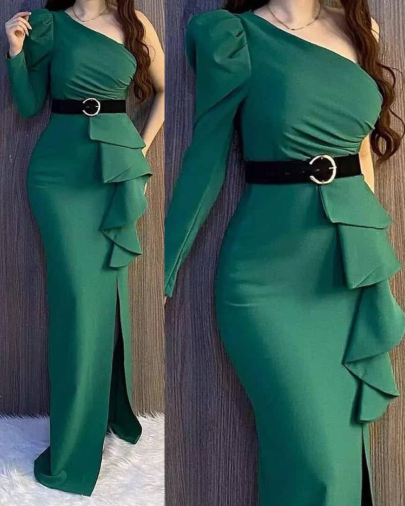 

One Shoulder Puff Sleeve Ruffle Hem Slit Maxi Dress With Belt, Green
