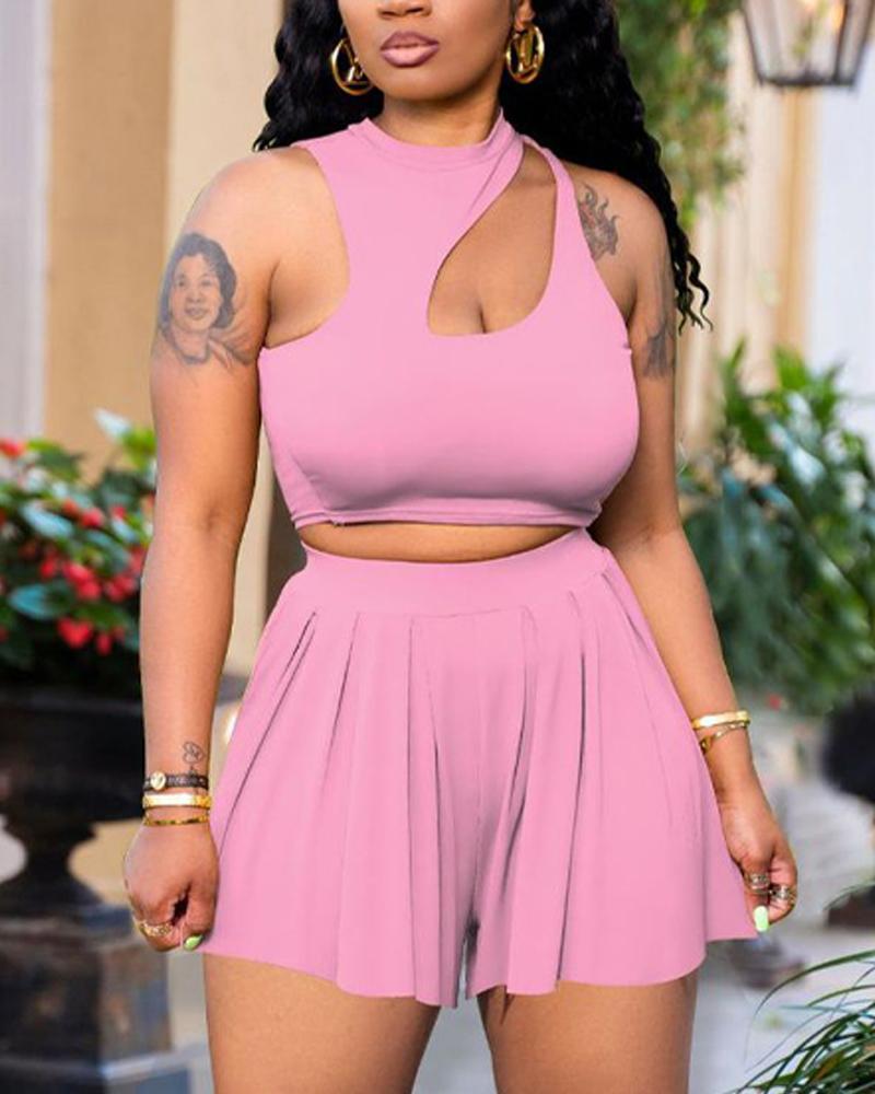 

Cutout Crop Tank Top & Shorts Set, Pink