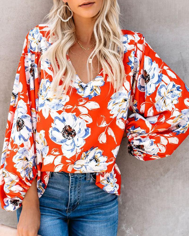 

V-Neck Lantern Sleeve Floral Print Top, Red
