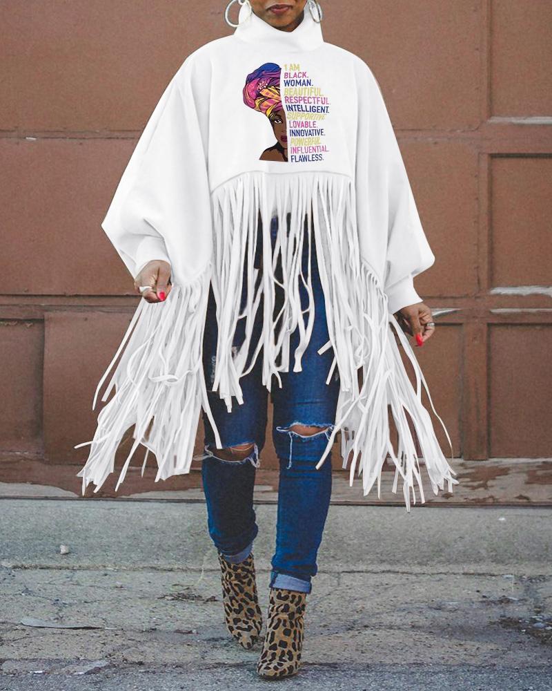 

Figure Letter Print Fringe Trim Lantern Sleeve Top, White