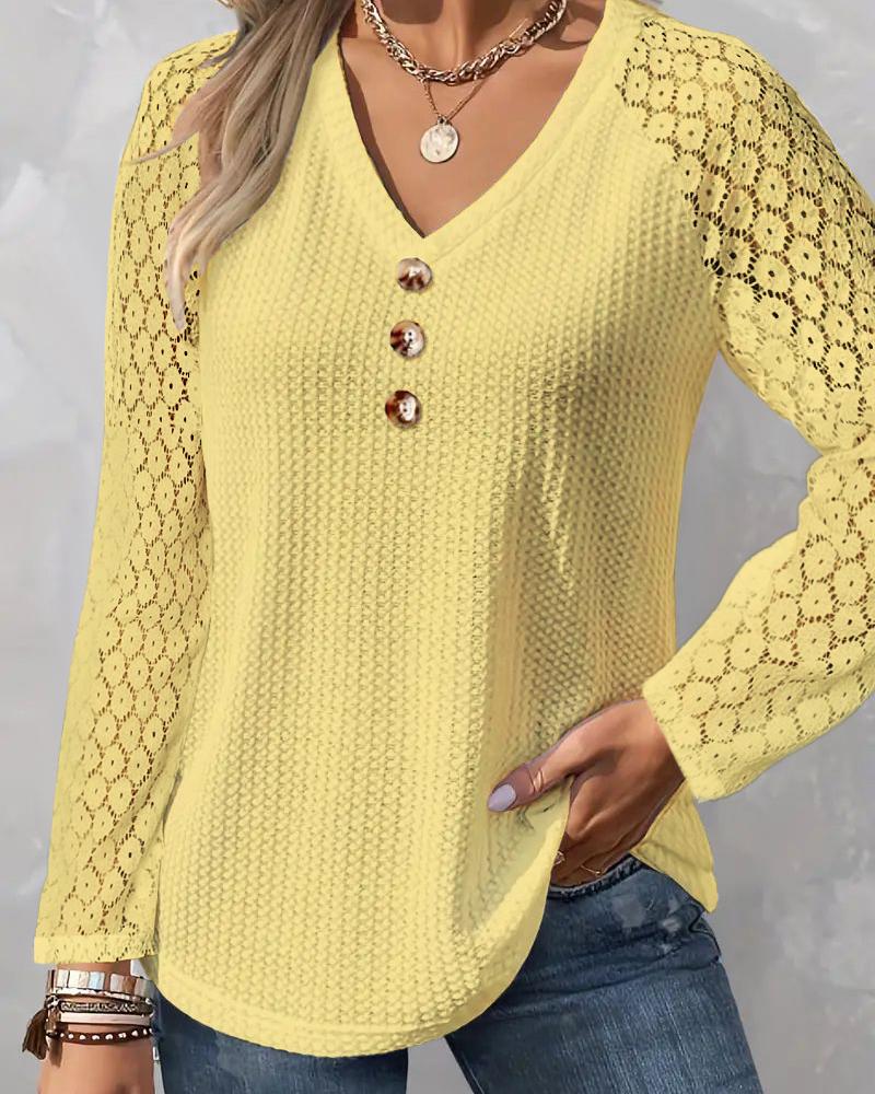 

Lace Patch Button Decor Top, Yellow