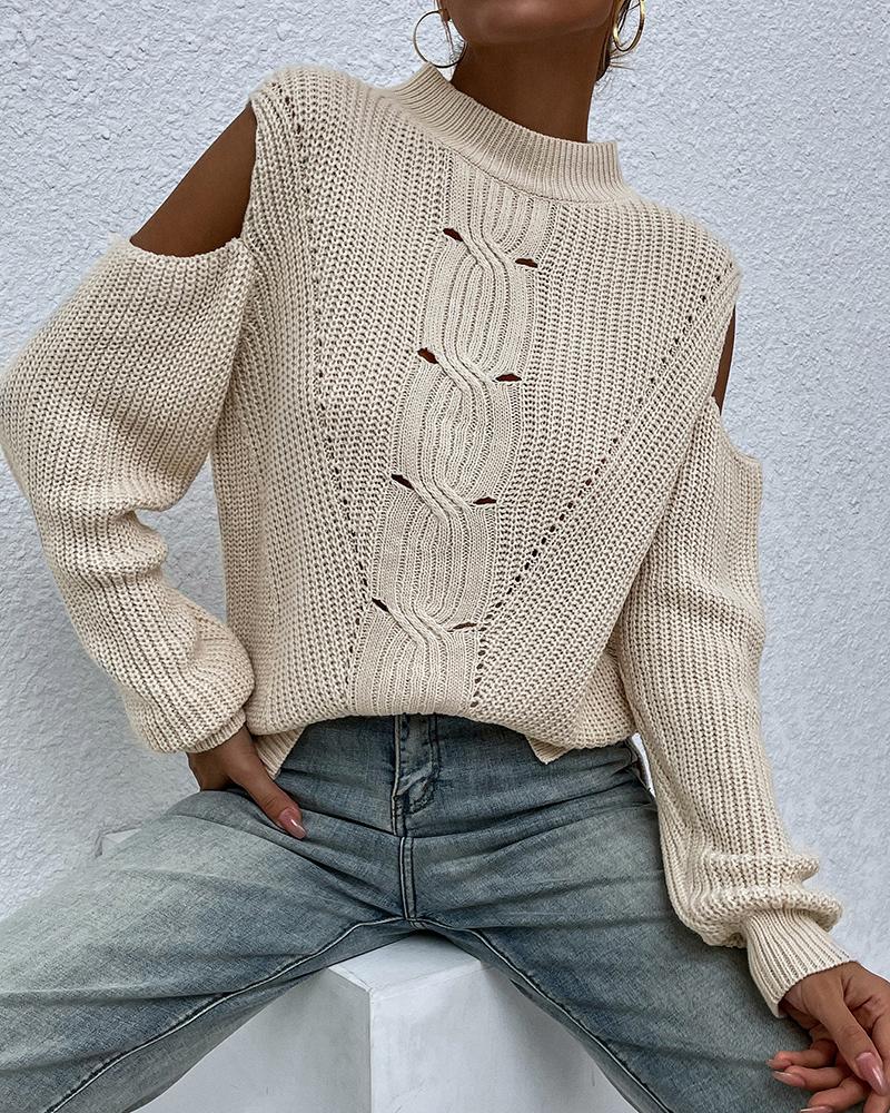

Cold Shoulder Hollow-out Knit Sweater, Apricot