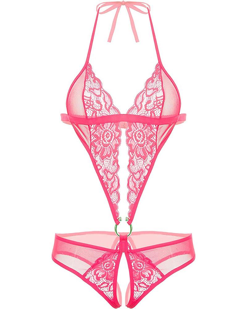 

Crotchless Crochet Lace Ring Decor Halter Cutout Teddy, Hot pink