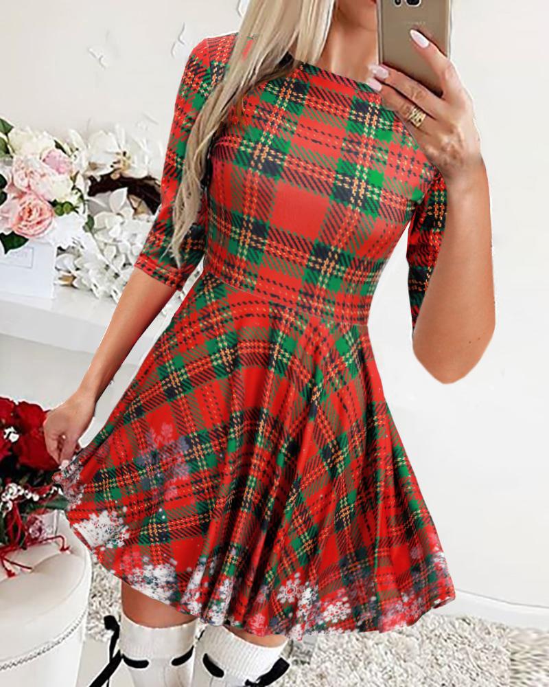 

Christmas Plaid Print Pleated Dress, Red