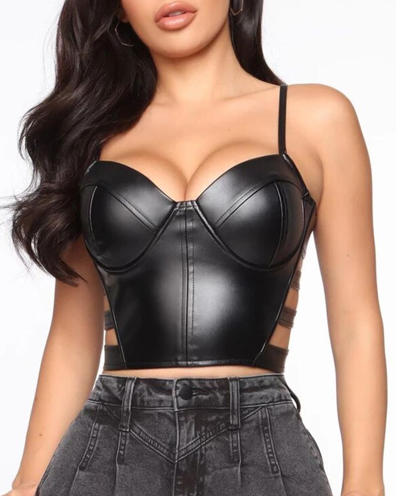 

Ladder Cutout PU Leather Crop Women Top, Black