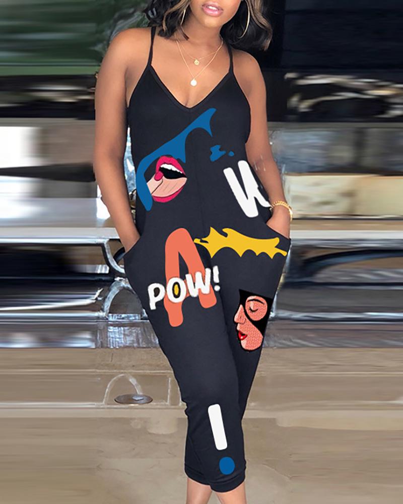 

Spaghetti Strap Cartoon Print Jumpsuit, Black